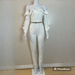 White off the shoulder long sleeve ruffle trim belted jumpsuit